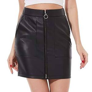 Jupe crayon mini en similicuir taille haute pour femme avec fermeture éclair avant, couleur noire unie, style sexy, toutes saisons - Product Image 1