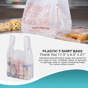 Paquete 100 Bolsas de plástico reutilizables preimpresas para camisetas 11,5X6,5X21 Bolsas de compras para llevar Precio al por mayor para ropa de restaurante - Product Image 5