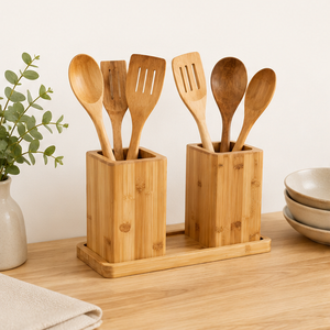 Porte-ustensiles de cuisine écologique à double compartiment, support à couverts en bois, résistant à la chaleur et antiadhésif, sûr et biologique, en promotion - Product Image 3