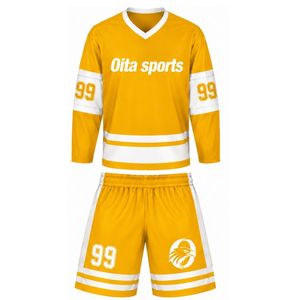 Men Yellow Sublimated Ice Hockey Set Jersey Shorts Polyester Striped Performance <b>Athletic</b> Uniform Sports Training Clothing - Product Image 1