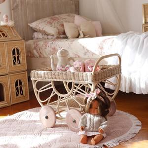 Juguetes para juego de simulación de fiesta del té, carritos de bebidas de ratán hechos a mano, carrito rodante de madera para bebés con almacenamiento - Product Image 5