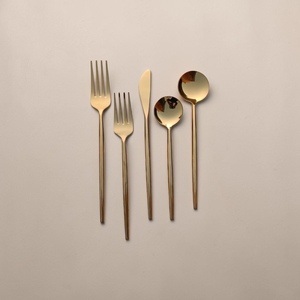 Minimalist Gold Plated Cutlery Set <b>Mirror</b> Finish Long Handle Metal Spoon Fork Knife Dinnerware - Product Image 3