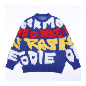 Pull en maille bleu pour homme, col rond, motif lettres floquées, manches longues, épais, pour l'hiver, style décontracté, vente en gros - Product Image 1