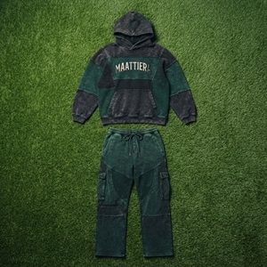 Mens Green <b>Black</b> Acid Wash Color Block <b>Zip</b> <b>Hoodie</b> Cargo Pants Tracksuit Set Custom Streetwear Casual Fashion Outfit - Product Image 5