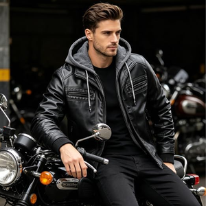 Chaqueta de Cuero para Hombre, Chaqueta de Motociclista, Chaqueta Cortavientos de PU con Capucha Desmontable - Product Image 4