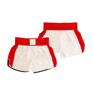 Pantalones Cortos Tradicionales de Muay Thai Rojos y Blancos, Pantalones de Kickboxing de Satén con Abertura Lateral, Pantalones Cortos Profesionales con Logotipo Personalizado - Product Image 1