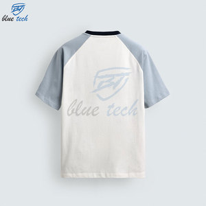 Camiseta de Algodón para Hombre Blue Tech, Manga Corta, Cuello Redondo, Ribete en Contraste, Estampado de Letras, Estilo Casual - Product Image 2