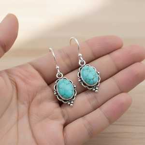 Pendientes colgantes ovalados de turquesa, plata de ley, estilo bohemio occidental, joyería con piedras preciosas para mujer, regalo - Product Image 2