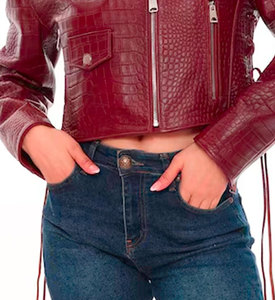 Chaqueta de Motociclista de Cuero con Estampado de Cocodrilo Borgoña para Mujer, Cuello Alto, Manga Larga, Cierre de Cremallera, Estilo Corto para Invierno - Product Image 4
