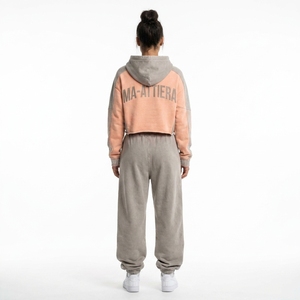 Custom Women Two Tone <b>Cropped</b> Hoodie <b>Jogger</b> Set Cotton Fleece Casual Streetwear Tracksuit OEM Wholesale - Product Image 2