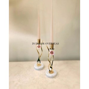 Attractive Look High Grade Gold Plated Flowers Designer Top Quality Metal Made Luxury <b>Candle</b> Holders With Marble White Base - Product Image 1