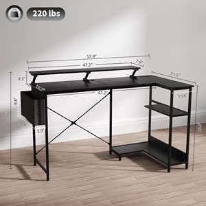58\" Reversible L Shaped <b>PC</b> Desk Corner Desk with Monitor <b>Stand</b> Power Outlets LED Lights Bookshelf Black - Product Image 3