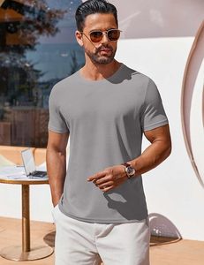 Camiseta de Manga Corta para Hombre, Cuello Redondo, Color Gris, Corte Ajustado, Informal, Transpirable, Tejida, 100% Algodón, Color Sólido - Product Image 2