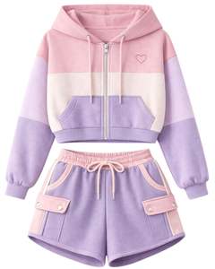 Ensemble décontracté deux pièces pour femme : crop top zippé rose lavande et color block avec short cargo à poches, en polyester et coton, vente en gros - Product Image 1