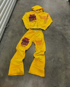 Conjuntos apilados vintage con logotipo personalizado, chándales para hombre, pantalones acampanados de dos piezas y sudaderas con capucha, chándales de invierno con patrón sólido - Product Image 2