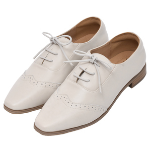 Ann'S <b>Beige</b> Women Genuine Leather Oxford Shoes Classic Wingtip Brogue Slip-On Square Toe <b>Platform</b> Low <b>Heel</b> Padded Anti-Friction - Product Image 1