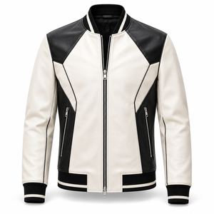 <b>Men</b>’s Two-Tone Leather Bomber <b>Jacket</b> with Geometric Panels, Front Zip Closure and Rib Knit Trims - Product Image 1