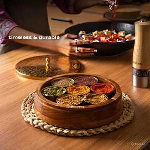 Handmade Wooden Spice <b>Box</b> – Indian Masala Dabba, Table top <b>box</b>, Wooden Spice Acacia Wood Spice <b>Box</b> with Brass Hand Etched Top - Product Image 4