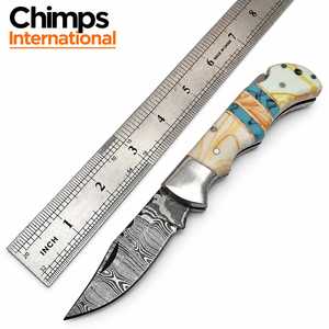 Cuchillo de bolsillo plegable de acero de Damasco Chimps International con hoja de punta caída y mango de resina |   Cuchillos plegables hechos a mano con cierre trasero - Product Image 5