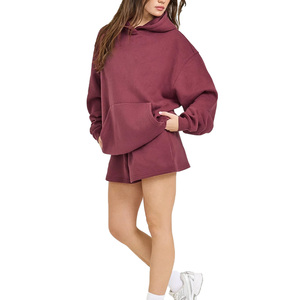 Womens Solid Hoodie Shorts <b>Set</b> Button Custom Logo Printing Embroidery Private Label OEM ODM Casual Loungewear Fitness Streetwear - Product Image 1