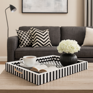 Royal Artisans fait à la main noir blanc rond plateau d'incrustation d'os décoratif servant organisateur de table luxe décor à la maison cadeau - Product Image 2