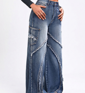 Jeans de Mezclilla de Cintura Alta y Pierna Ancha para Mujer, de Algodón, Largos, Asimétricos, Rotos, Casuales, para Primavera - Product Image 1