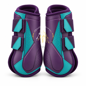 Botas de cepillado para caballos resistentes, diseñadas con material exterior duradero, acolchado cómodo y correas ajustables para entrenamiento regular. - Product Image 1