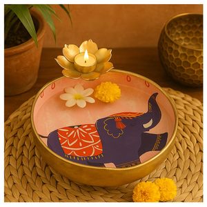 Bol Urli Oriental Premium Meena avec support pour bougie chauffe-plat en forme de lotus |   Centre de table en métal artisanal pour Pooja Diwali à la maison - Product Image 6