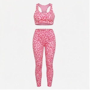 Ensemble de yoga 2 pièces imprimé léopard rose, haut court dos nageur et leggings taille haute longueur intégrale en Spandex Polyester extensible dans les quatre sens - Product Image 1