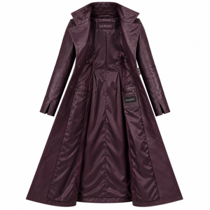 Dark Plum <b>Leather</b> Wrap Duster <b>Coat</b> Cross Collar Buckle Waist Long <b>Trench</b> Outerwear Womens Custom Oem Odm Supplier - Product Image 5