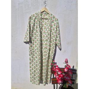 ชุดคลุมบ้านผ้าฝ้ายแท้พิมพ์ลายบล็อกอินเดีย คิโมโนฤดูร้อน |   ชุดคลุมชายหาดลายดอกไม้/ชุดคลุมสำหรับคนท้อง สปริงบลูเทอร์ควอยซ์วอเตอร์ส เอ็กซ์ - Product Image 1