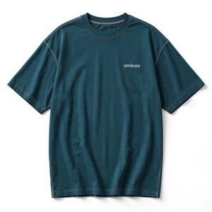 Camiseta Casual de Manga Corta para Hombre Amkoor, Color Verde Azulado, Cuello Redondo, Corte Regular, Tejido Jersey, Color Sólido, Logotipo Frontal, Transpirable, Ecológica, 220g - Product Image 1