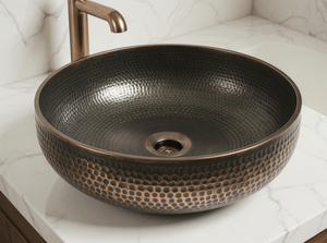<b>Round</b> Hammered Metal Vessel Sink Countertop <b>Basin</b> Traditional Style Durable Home Bathroom Fixture - Product Image 2