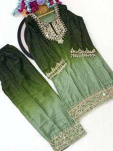 Ensemble Kurta Palazzo brodé vert en soie mélangée, tenue ethnique avec dupatta pour mariage et fête, pour femmes - Product Image 3