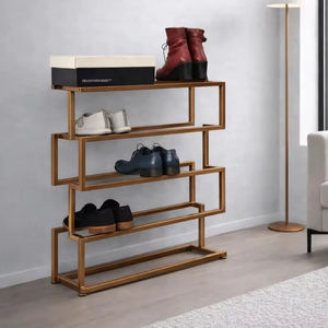 Designer Gold <b>Shoe</b> Rack Multi Tier Geometric <b>Storage</b> Organizer Space Saving Layout Strong Frame Stylish Modern Entryway Display - Product Image 2