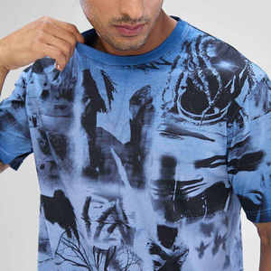 T-shirt pour homme bleu à imprimé graphique artistique, décontracté, surdimensionné, en mélange de coton, col rond, streetwear, manches courtes - Product Image 2