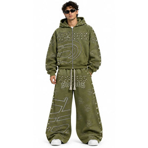 Ensemble survêtement vert olive à capuche, coupe ample, style streetwear, avec sweat-shirt et pantalon longs, imprimé lettres, à prix raisonnable - Product Image 2