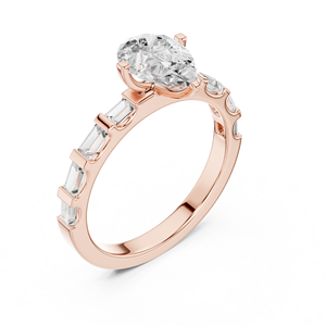 Bague de fiançailles en or rose avec diamant taille poire pour femme, bague de mariage ou d'anniversaire avec bande baguette - Product Image 4