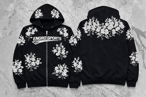 Sweat-shirt personnalisé avec impression en relief – Motif fleur blanche |   Sweat à capuche noir zippé |   Fabricant OEM de sweats à capuche avec motif de fleurs de carnation - Product Image 2