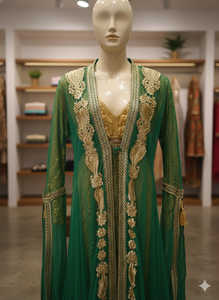 Robe longue de luxe vert forêt brodée ; Robe de soirée artisanale à motif floral en sequins dorés pour mariages et événements formels - Product Image 4