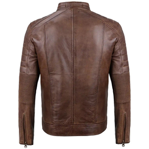 Men's Brown Genuine Leather Moto Biker Jacket Stand Collar Zipper Closure Slim Fit Autumn Wear - Product Image 5