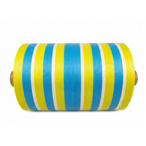 Rouleau de tissu tissé en PP recyclé écologique, motif rayé bleu et jaune, pour sacs de courses, emballage textile durable et résistant - Product Image 1