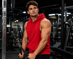 Red Muscle Fit Sleeveless Eco-Friendly Quick Dry Breathable Gym Hoodie for Men Hooded Workout <b>Vest</b> Bodybuilding Fitness Sports - Product Image 4