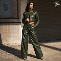 Ensembles haut et pantalon en similicuir avec logo personnalisé, col montant, manches longues, poches latérales, vêtements pour femmes, ensembles deux pièces en similicuir
