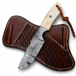 Handmade Damascus steel cowboy Skinner <b>knife</b> <b>bone</b> <b>handle</b> and western style pancake leather sheath - Product Image 1