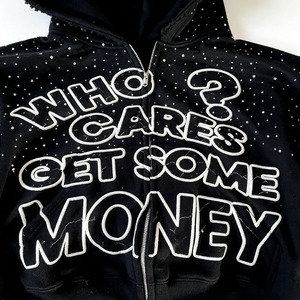 Sweat-shirt à capuche zippé noir pour homme, coupe courte et ample, imprimé lettres, étoile en strass, bords bruts, style Hip Hop - Product Image 2