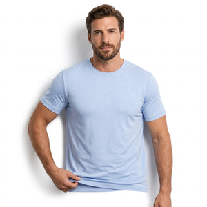 T-shirt pour homme bleu clair à manches courtes, col rond, coupe classique, jersey décontracté en coton respirant, couleur unie, tricoté - Product Image 2