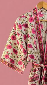 ชุดคลุมกิโมโนผ้าฝ้ายลายดอกพิมพ์ลายด้วยมือ สไตล์โบโฮสำหรับผู้หญิง ชุดนอนลำลอง - Product Image 4