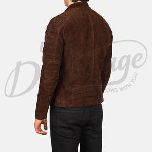 Chaqueta de cuero de gamuza marrón oscuro para hombre, estilo motero, corte ajustado, con hombros acolchados, cremallera asimétrica, para motocicleta. - Product Image 2