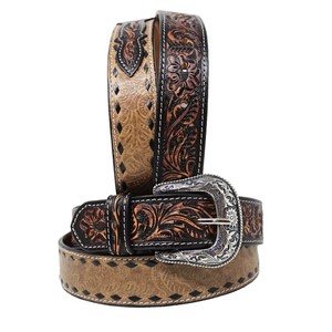 • Premium Handmade Full Grain Leather Western <b>Belt</b> Dual-Tone Tooled Embossed Floral Cowhide Waist <b>Belt</b> for <b>Men</b>. - Product Image 1